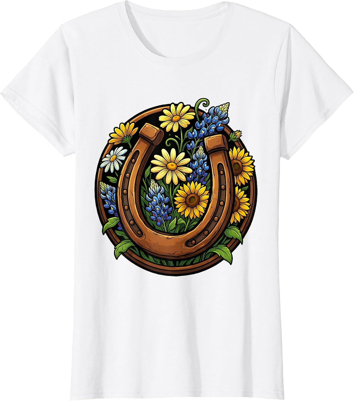 Horseshoe Wildflowers Western Floral Boho Design T-Shirt - White