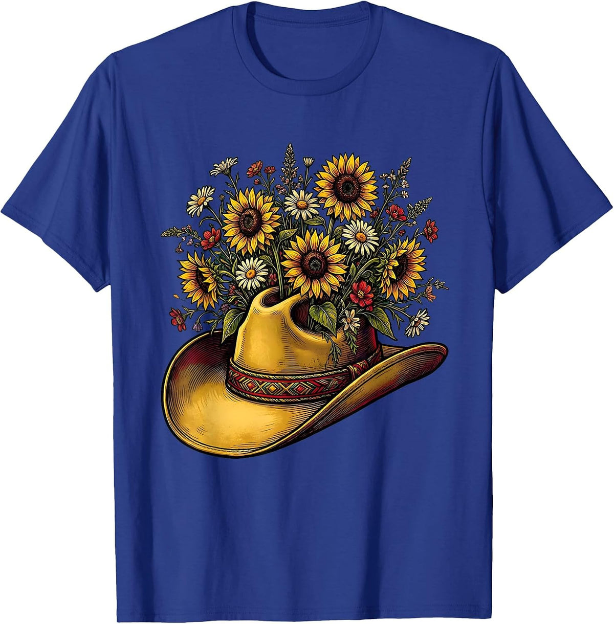 Cowgirl Hat Wildflowers Western Boho Illustration T-Shirt - Royal Blue