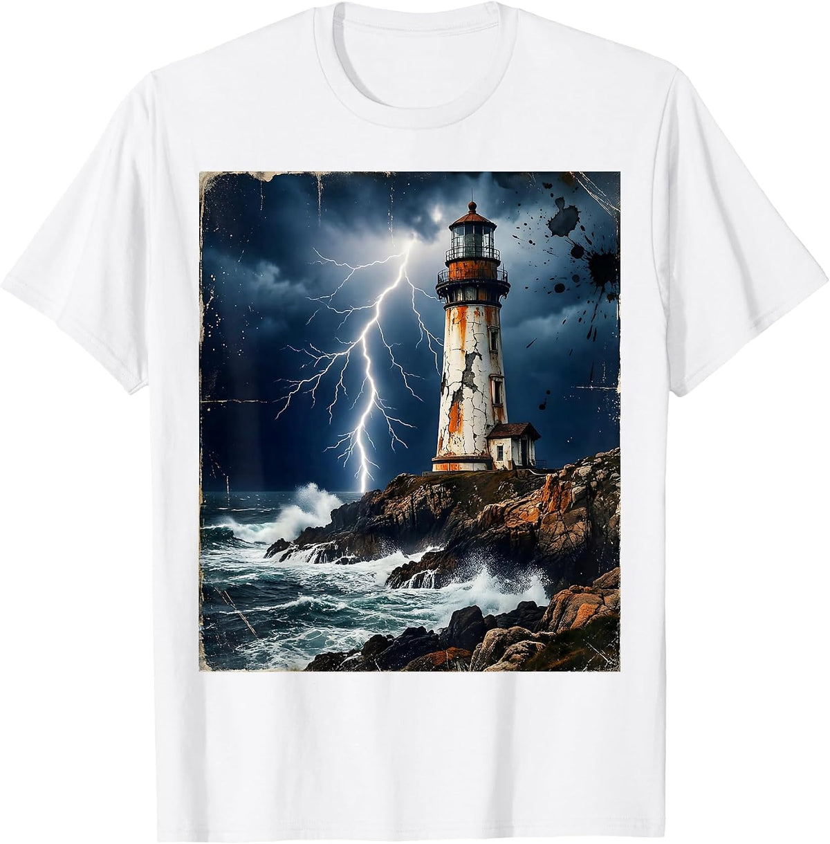 Men's Gulf of America Lighthouse Lightning Storm Art T-Shirt - White