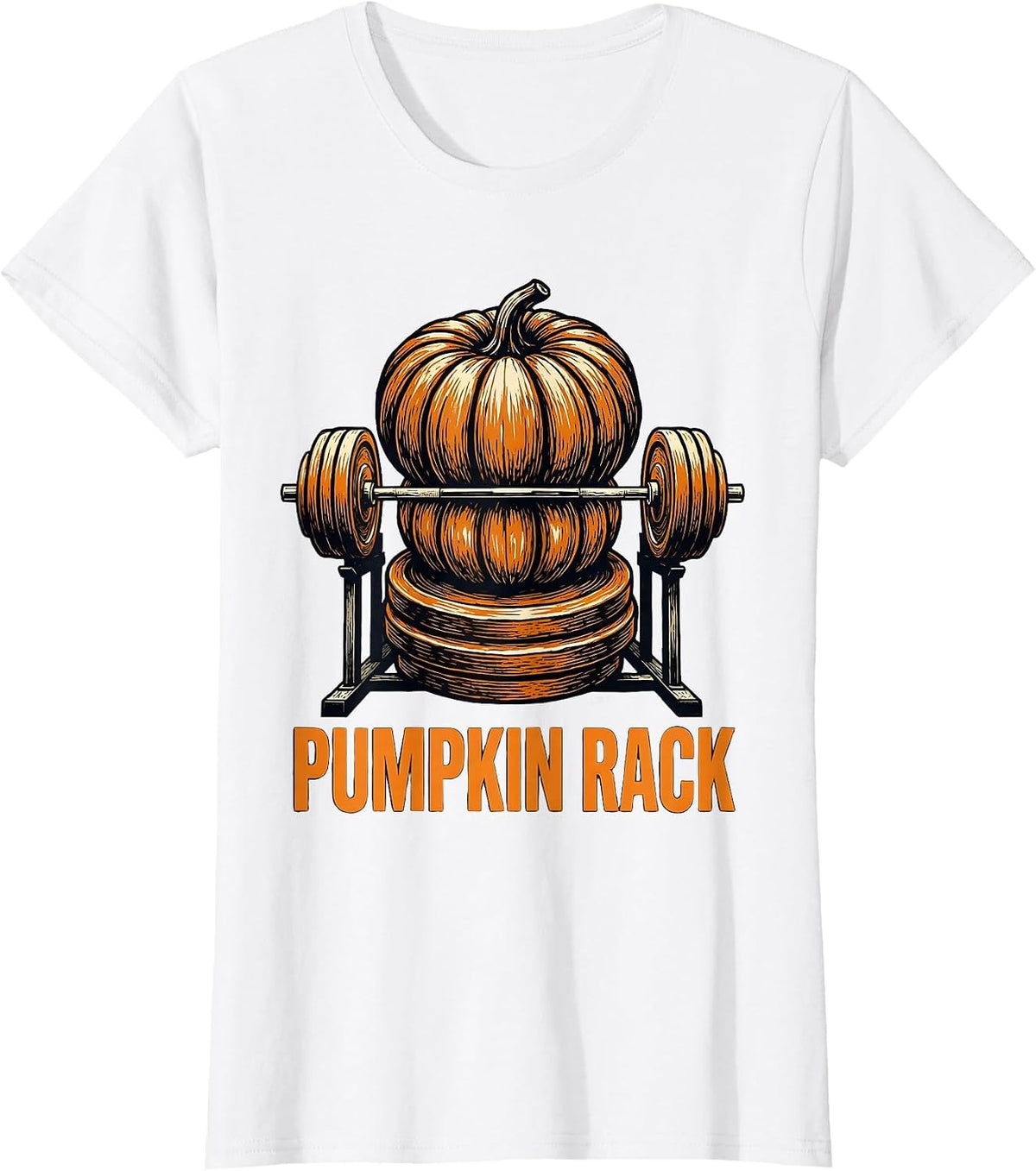 Women's Pumpkin Rack Linocut Funny Halloween Gym Workout Lifting Pun T-Shirt - White