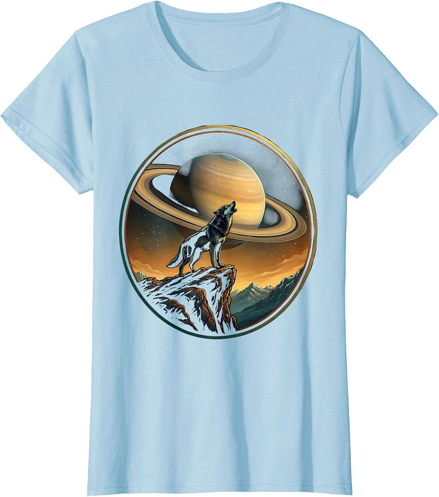 Women's Wolf Howling at Ringed Planet Space Illustration T-Shirt - Baby Blue