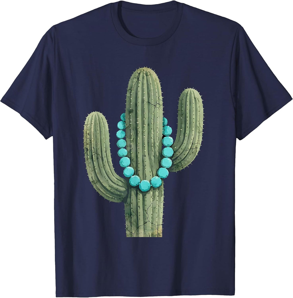 Cactus Turquoise Beaded Necklace Western Design T-Shirt - Navy Blue