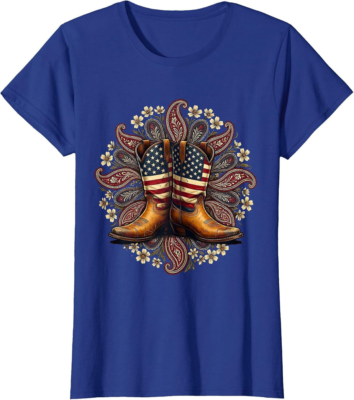 Women's Cowgirl Boots Floral Paisley Western Design T-Shirt - Royal Blue