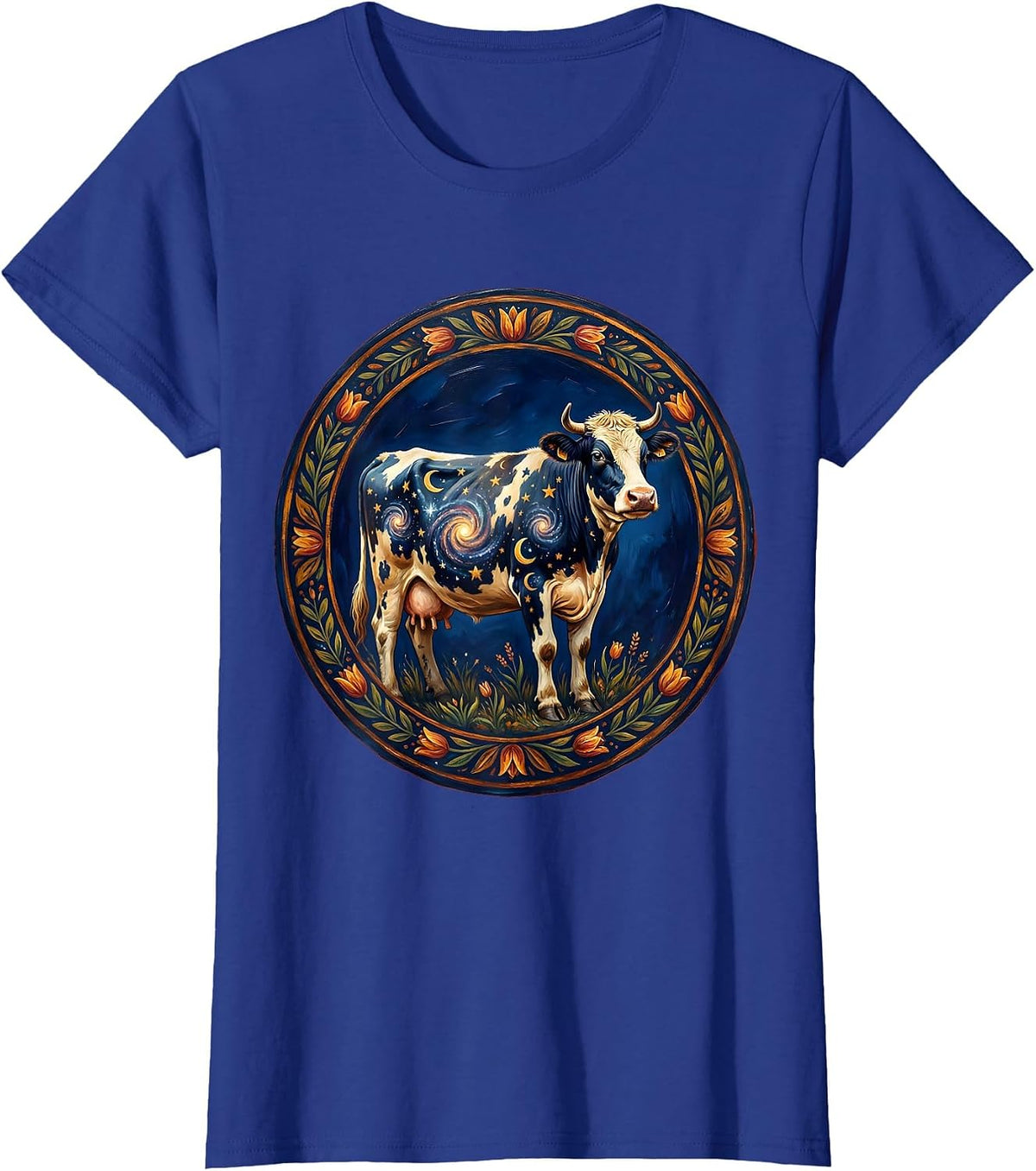 Women's Cosmic Cow Galaxy Pattern Illustration T-Shirt - Royal Blue