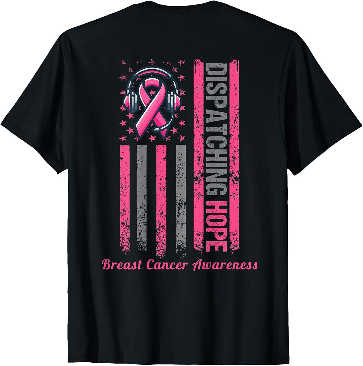 (ON Back) Dispatcher Breast Cancer Awareness Pink Ribbon T-Shirt - Black