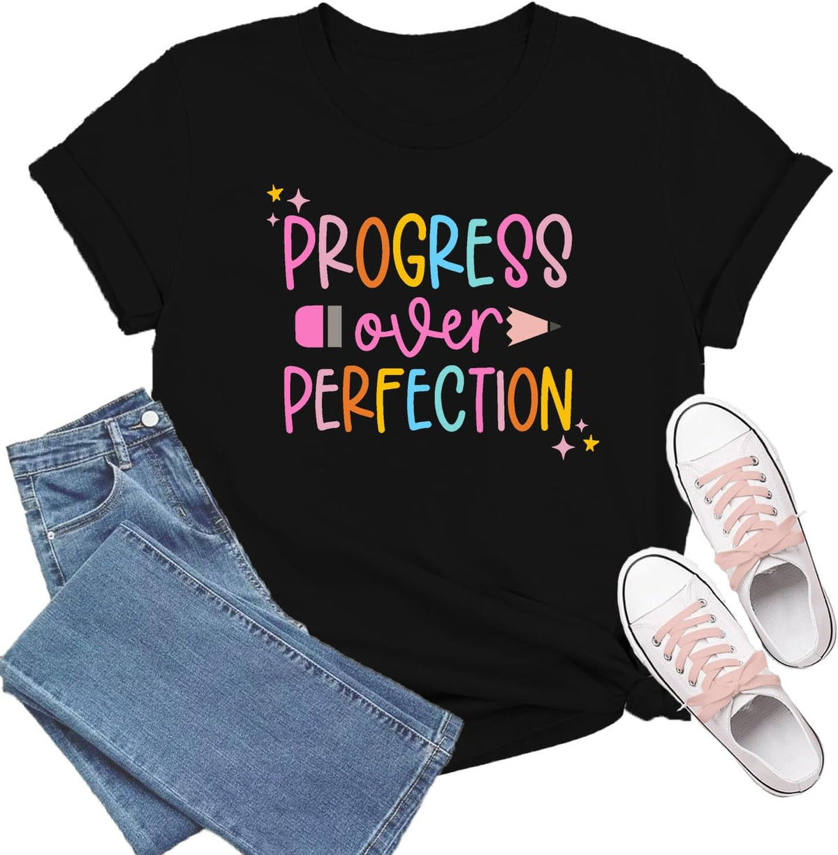 Teacher Shirts for Women Teaching T-Shirt Progress Over Perfection Tee Tops - Black