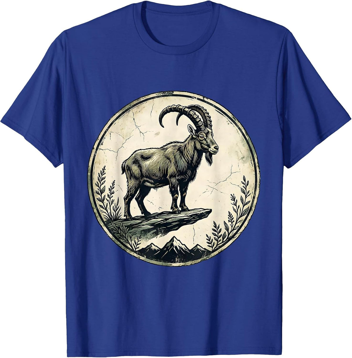 Men's Mountain Goat on Narrow Ledge Wildlife Illustration T-Shirt - Royal Blue
