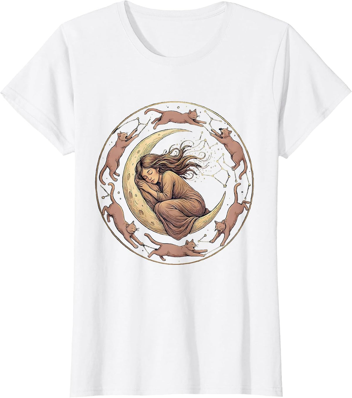 Sleeping Cat Constellation Cozy Celestial Design T-Shirt - White
