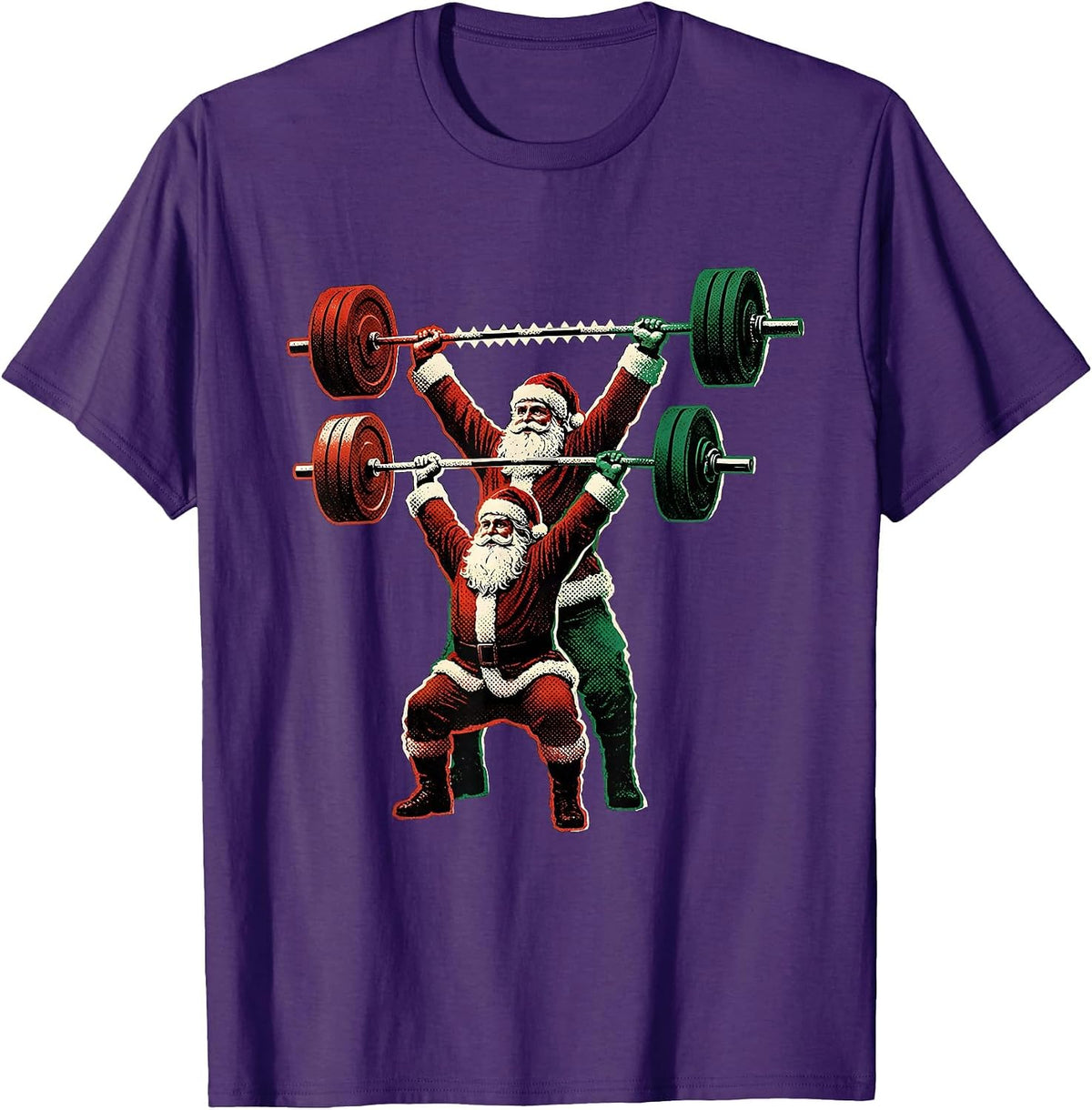 Men's Santa Barbell Snatch Gym Humor Christmas Weightlifting T-Shirt - Purple