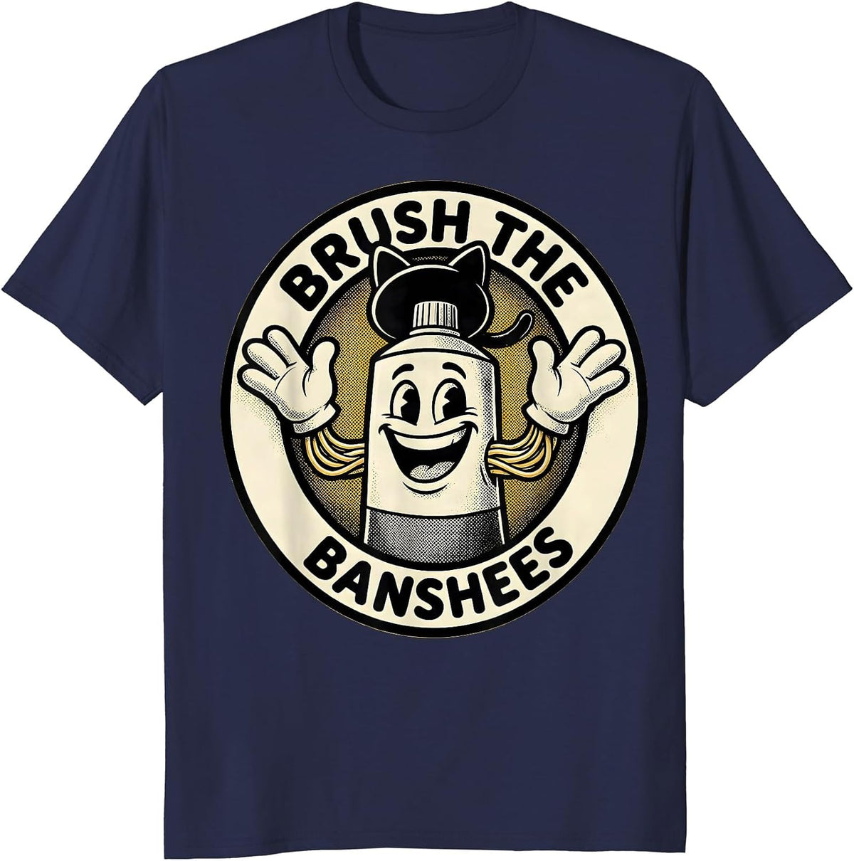 Brush the Banshees Retro Cartoon Halloween Dentist Dental T-Shirt - Navy Blue