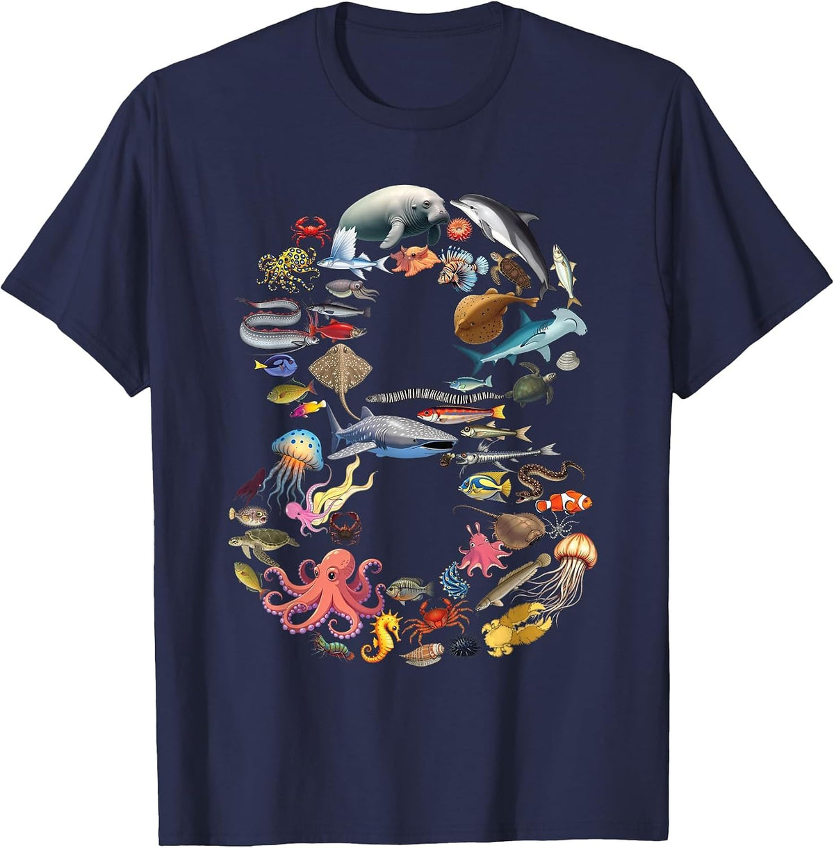 8 Years Old 8th Birthday Sea Ocean Animals Figures Number 8 T-Shirt - Navy Blue