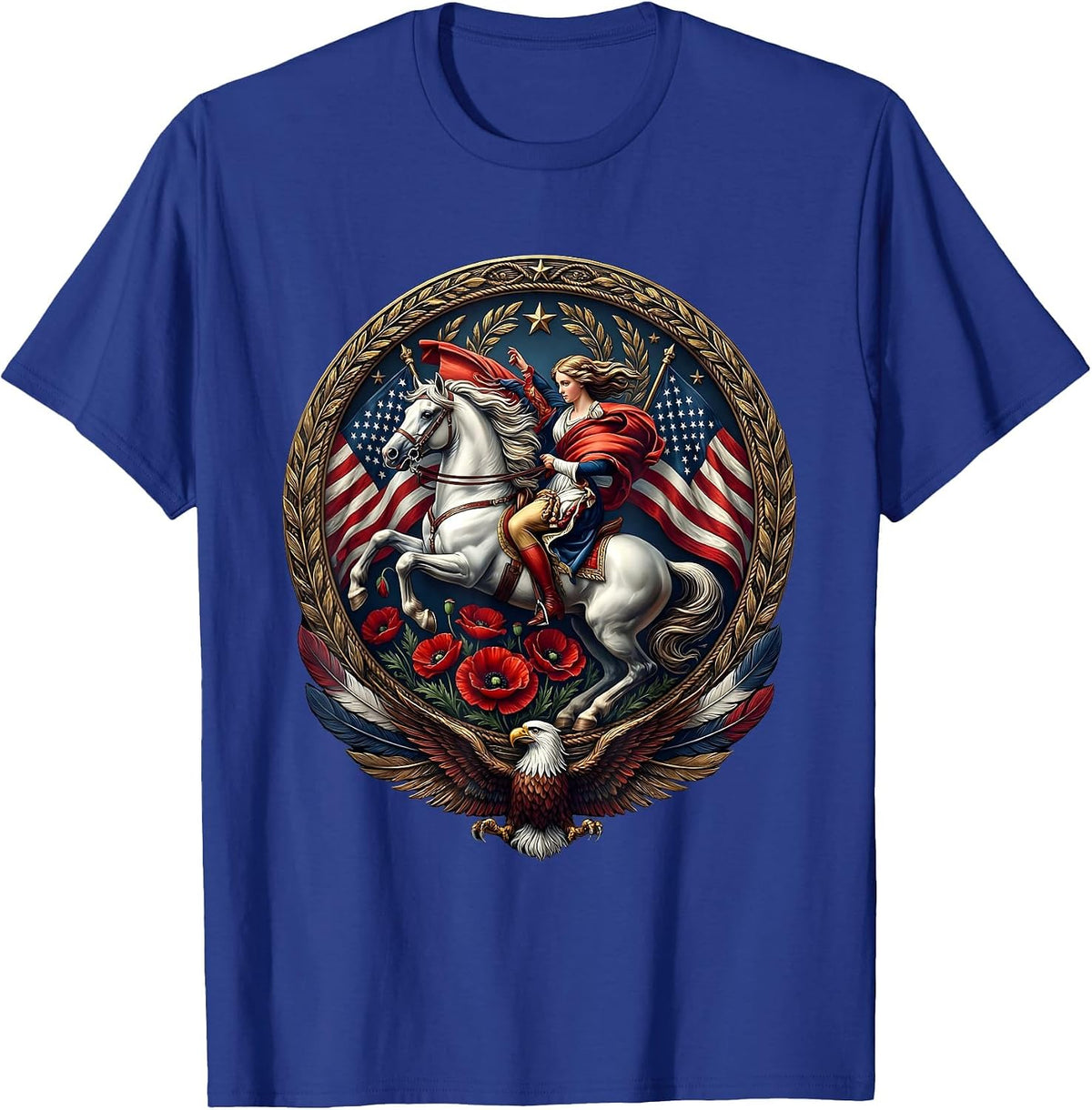 Red White and Blue Horse Rider Poppy Field Design T-Shirt - Royal Blue