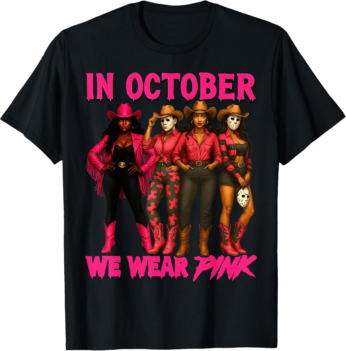 in October We Wear Pink Halloween Western Cowgirl Squad T-Shirt, Men, Black, Small - As Pictured