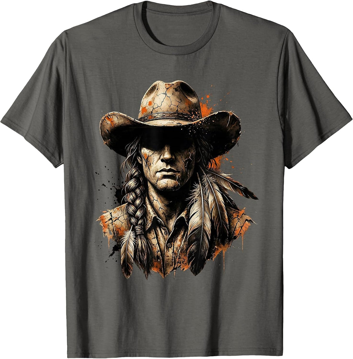 Cowgirl Braided Hair Feathers Western Illustration T-Shirt - Asphalt Grey