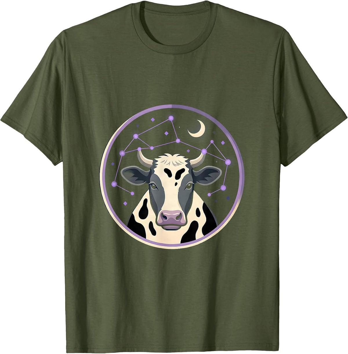 Men's Cow Print Constellation Night Sky Graphic T-Shirt - Olive Green