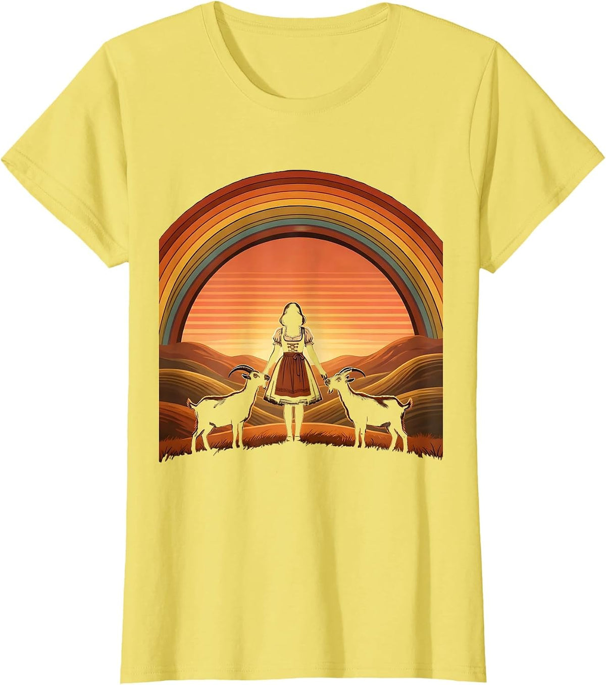 Dirndl Girl Feeding Goats on Hillside Illustration T-Shirt - Lemon Yellow