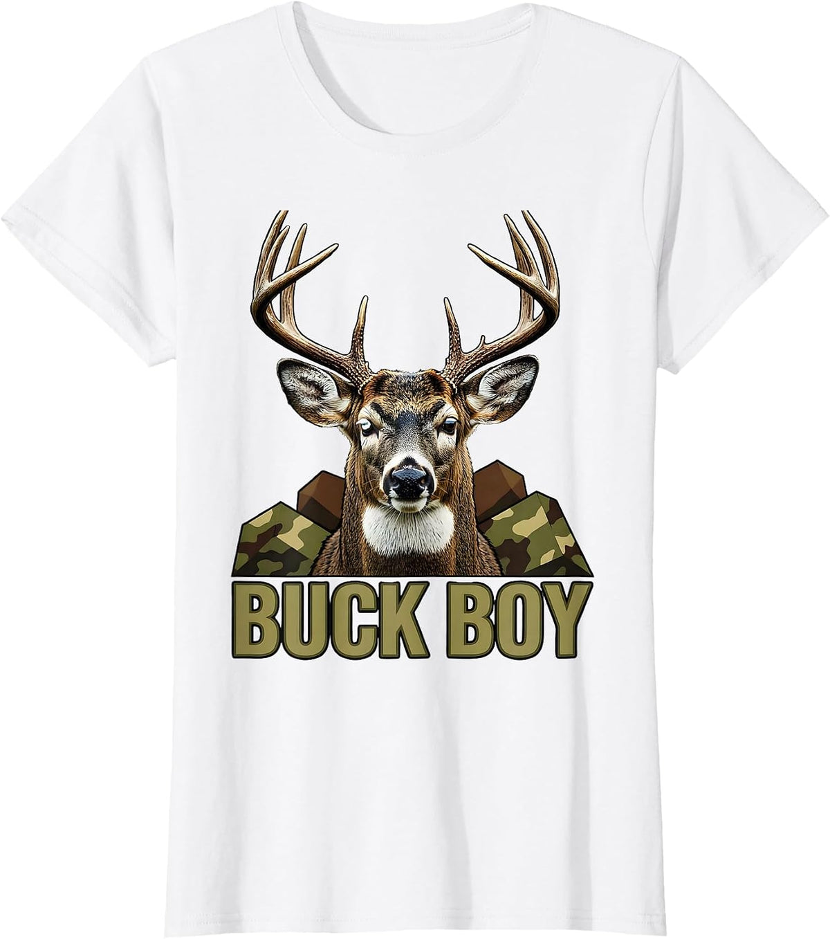 Women's Buck Boy Screenprint Camo Deer Hunting Youth Humor T-Shirt - White