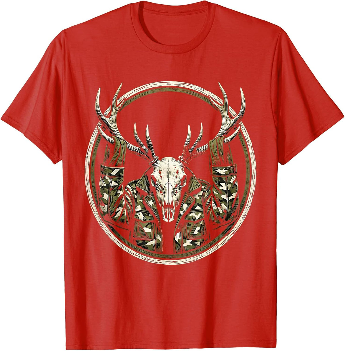 Men's Camo Jacket on Deer Antlers Hunting Graphic T-Shirt - Red