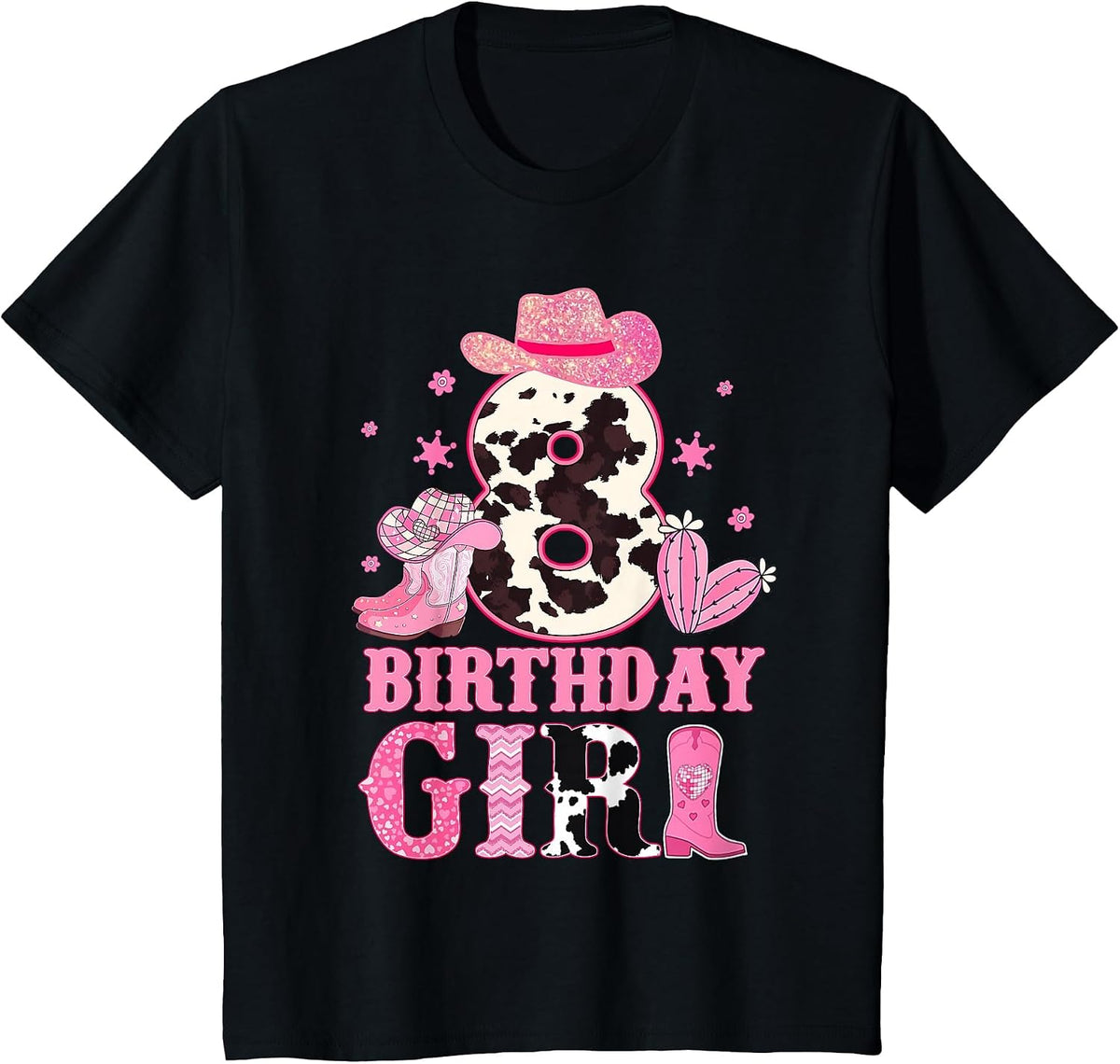 Kids 8th Birthday Girl Rodeo Western Cowgirl Birthday Party T-Shirt - Black