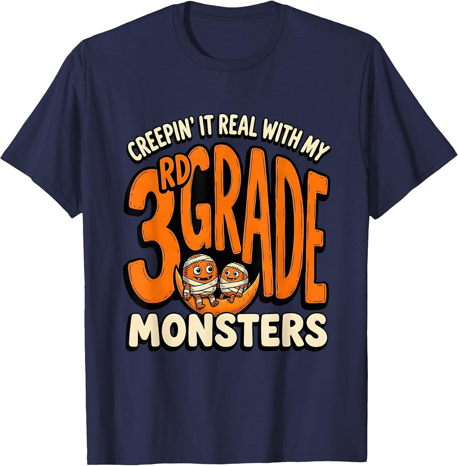 Creepin It Real With My 3rd Grade Monsters Teacher T-Shirt - Navy Blue