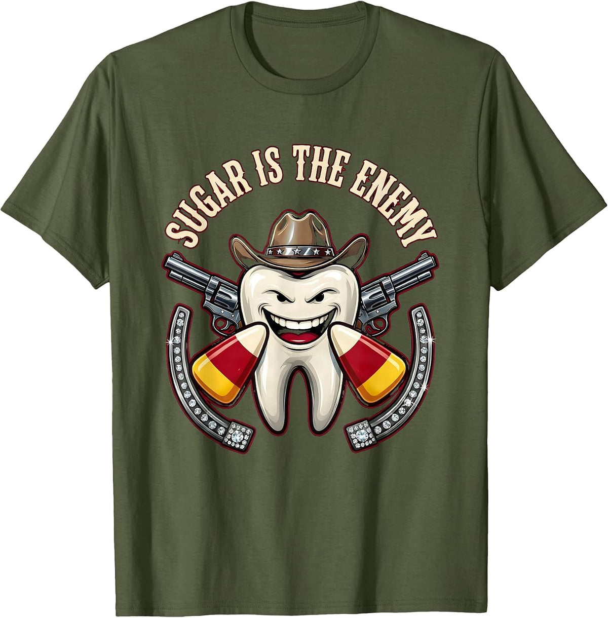 Men's Sugar Is The Enemy Dental Halloween Design T-Shirt - Olive Green