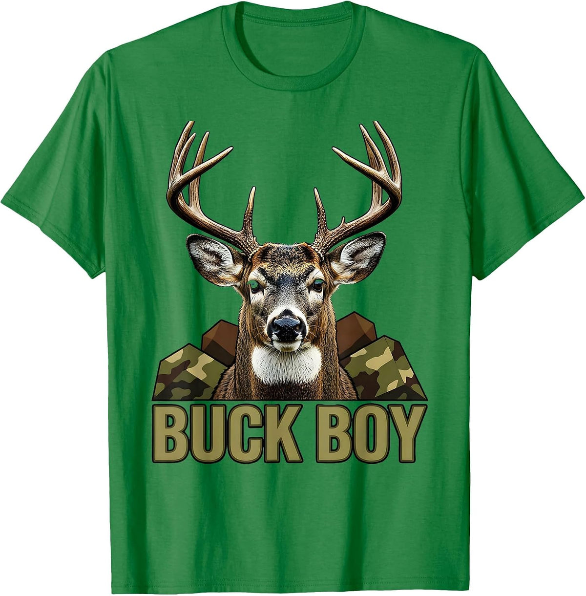 Men's Buck Boy Screenprint Camo Deer Hunting Youth Humor T-Shirt - Kelly Green