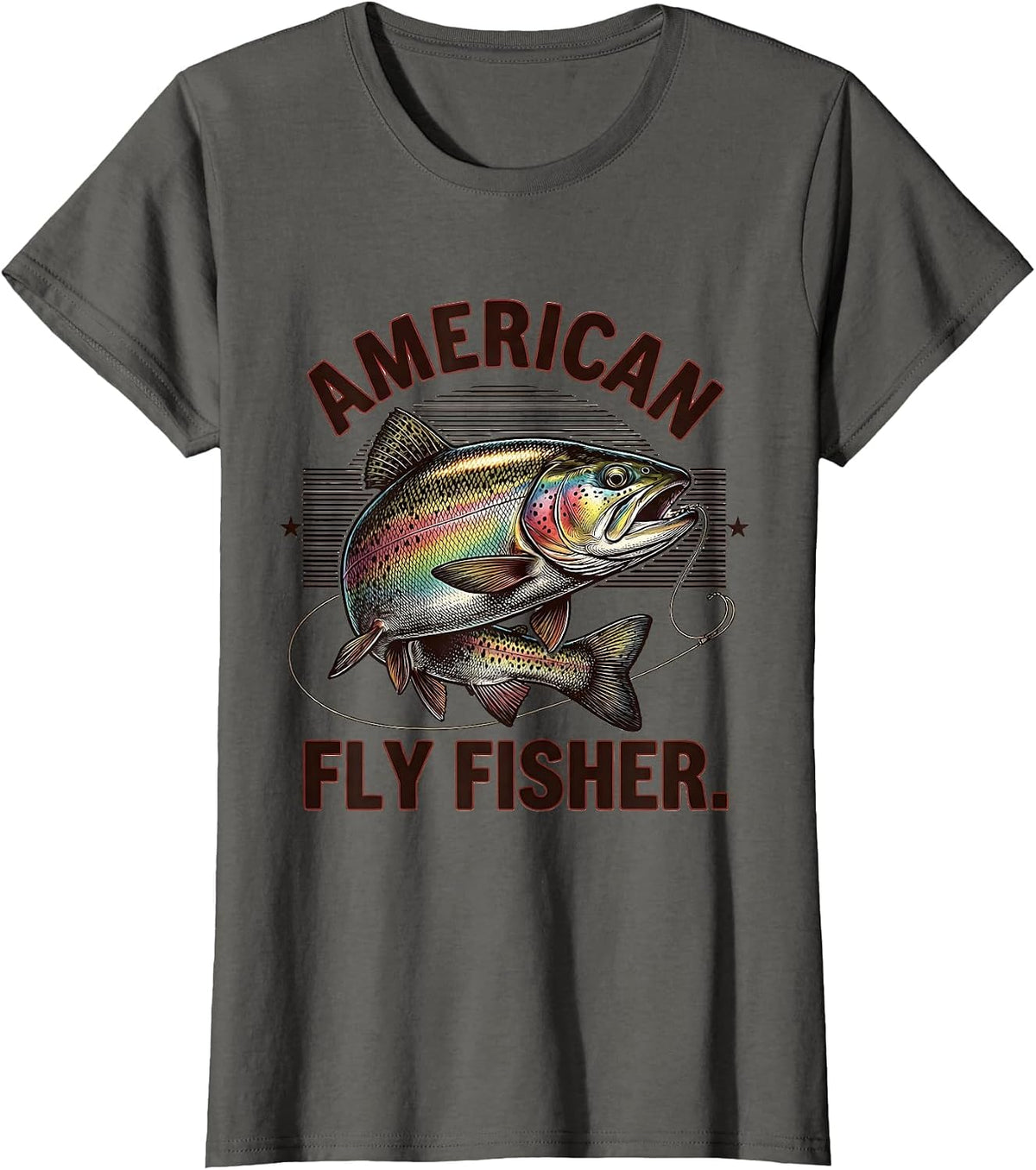 Women's American Fly Fisher Vintage Engraved Trout Patriotic Camo T-Shirt - Asphalt Grey