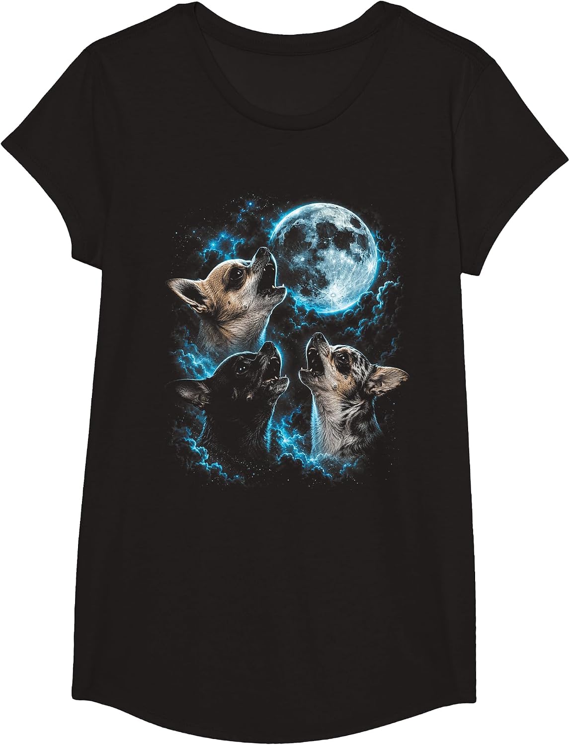 Funny Chihuahua Howling to The Moon Vintage 90s Retro Animal T-Shirt - Girls Black