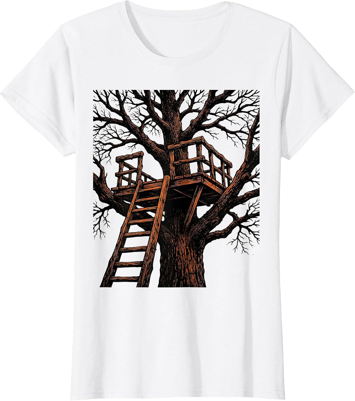 Deer Stand Winter Tree Hunting Illustration T-Shirt - White