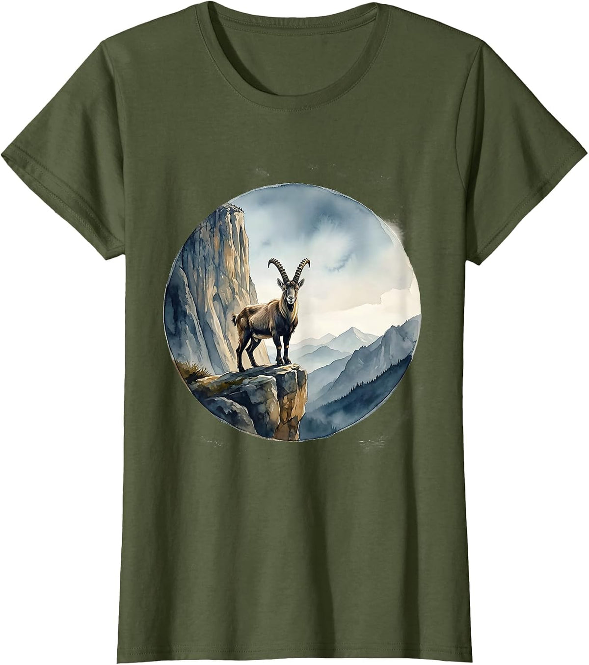 Women's Be Still Mountain Goat Cliff Ledge Illustration T-Shirt - Olive Green