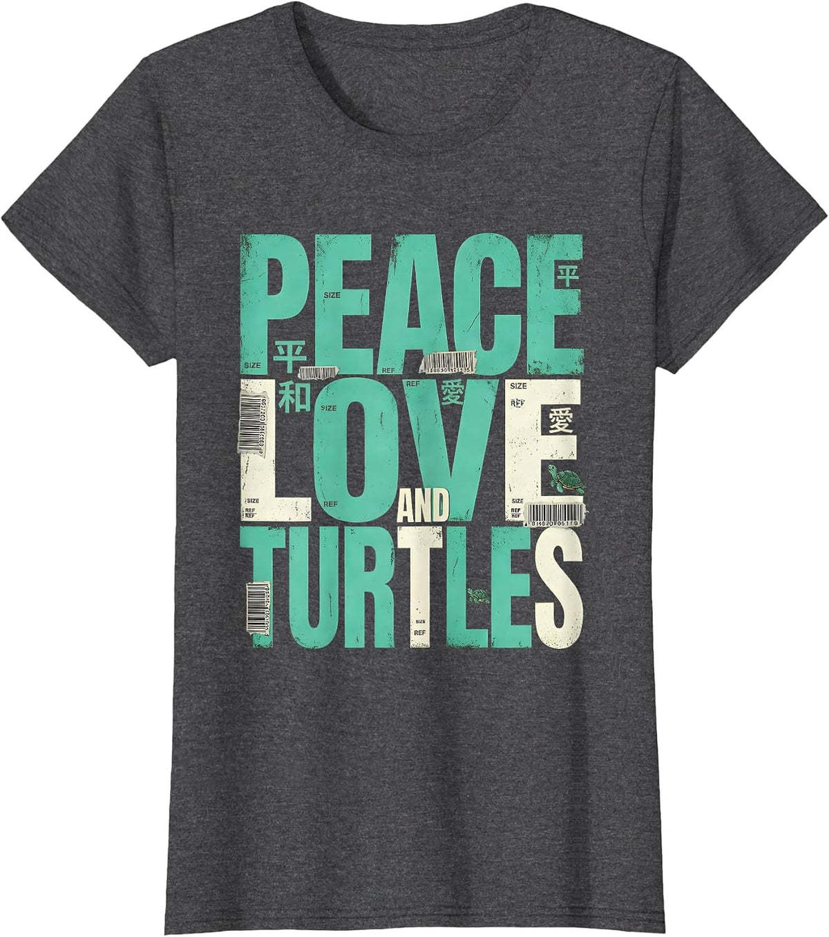 Women's Peace Love and Turtles Nature Lover Design T-Shirt - Dark Heather Grey