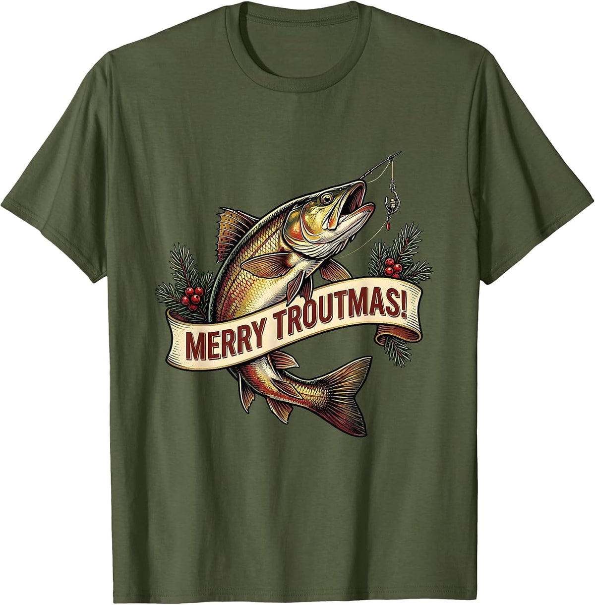 Men's Merry Troutmas! Funny Fishing Christmas Fisherman Holiday T-Shirt - Olive Green