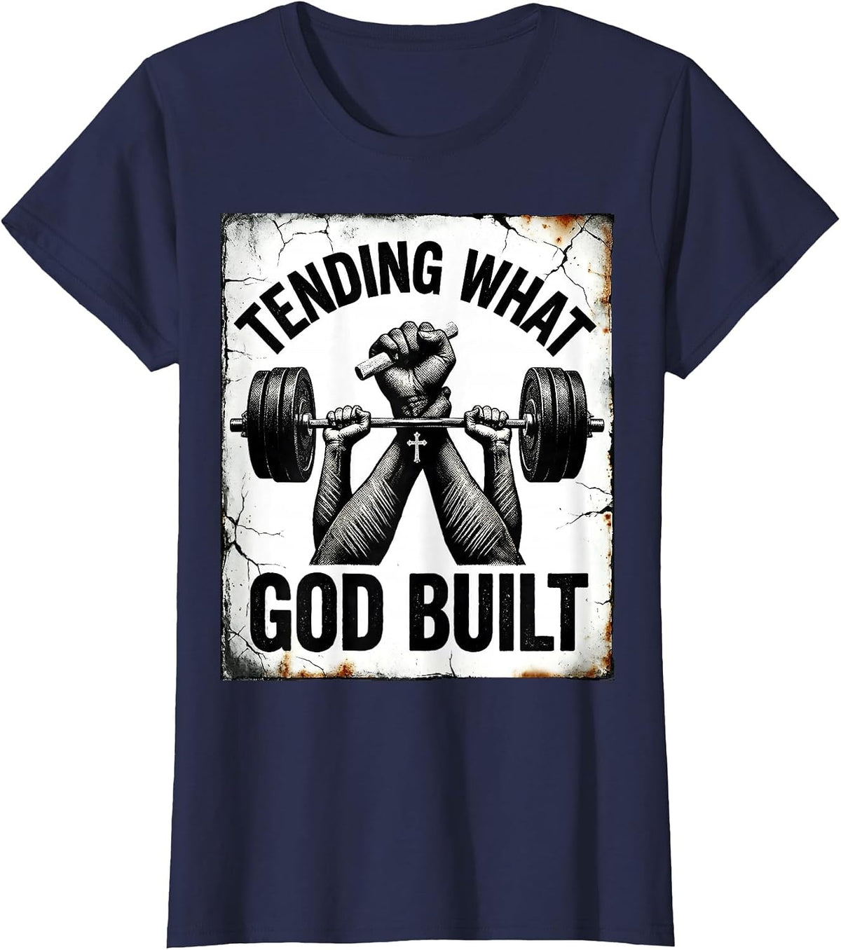 Women's Tending What God Built Distressed Christian Gym Faith T-Shirt - Navy Blue