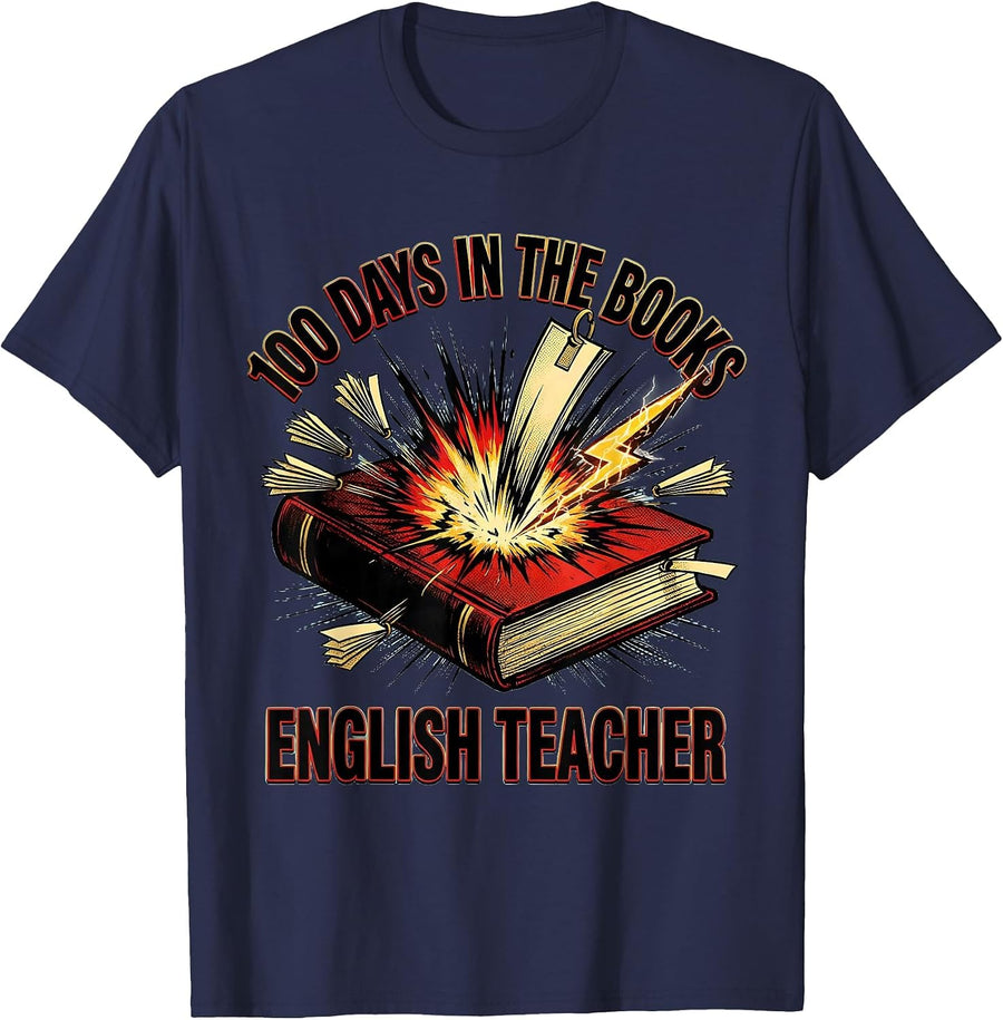 100 Days In The Books English Teacher Comic Book 100th Day T-Shirt - Navy Blue