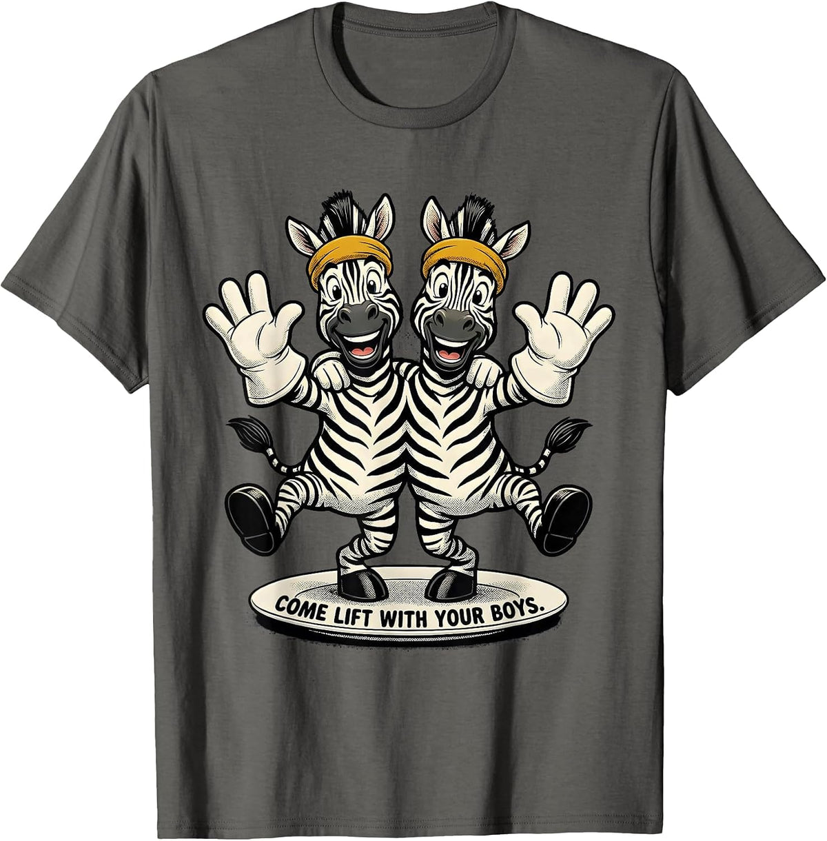 Men's Come Lift With Your Boys Retro Cartoon Zebra Duo Gym Humor T-Shirt - Asphalt Grey