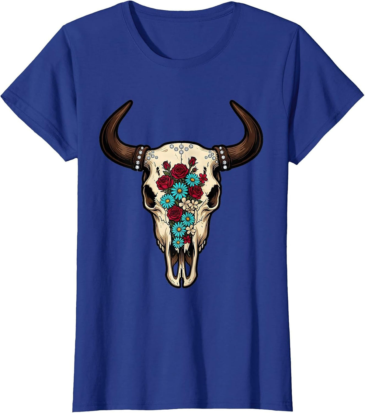 Women's Bull Skull Wildflowers Boho Western Floral Illustration T-Shirt - Royal Blue