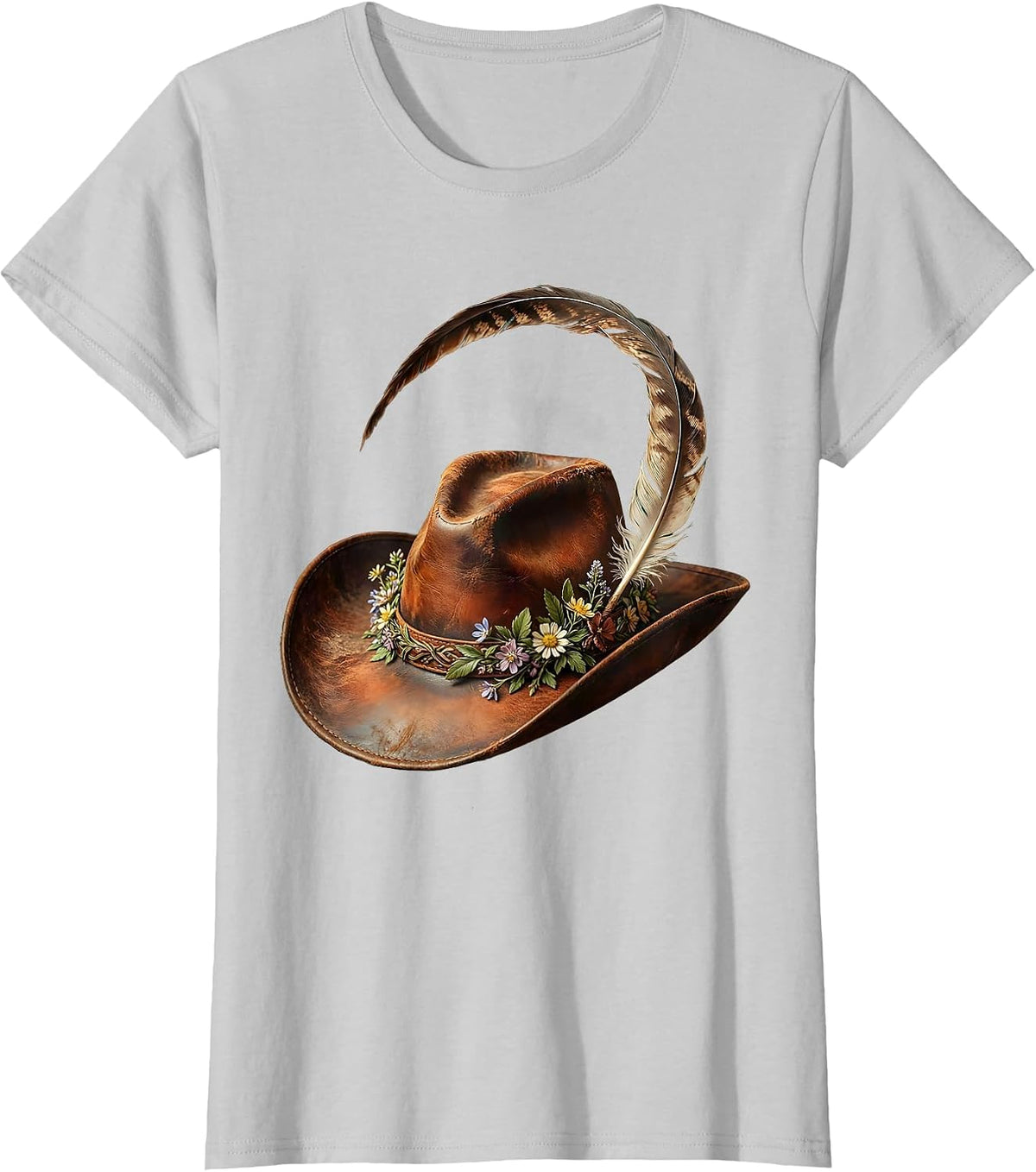 Cowgirl Hat Floral Feather Rodeo Illustration T-Shirt - Silver Grey