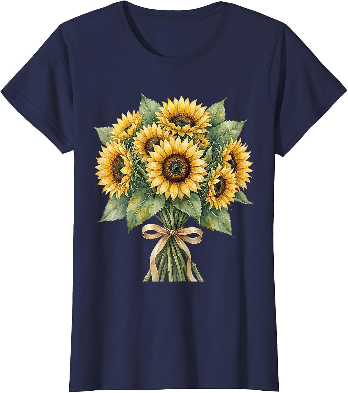 Women's Sunflower Bouquet Mom Ribbon Floral Graphic T-Shirt - Navy Blue