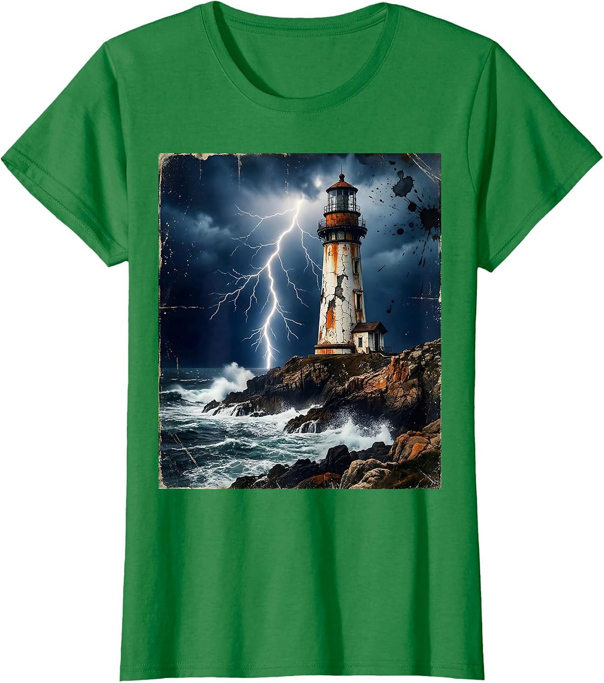 Women's Gulf of America Lighthouse Lightning Storm Art T-Shirt - Kelly Green