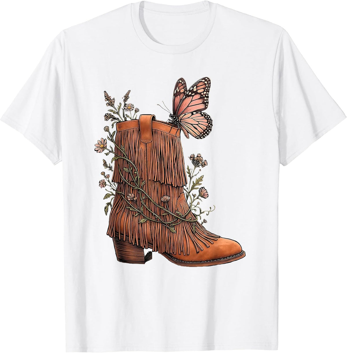 Men's Boho Butterfly Fringe Boot Graphic Tee T-Shirt - White
