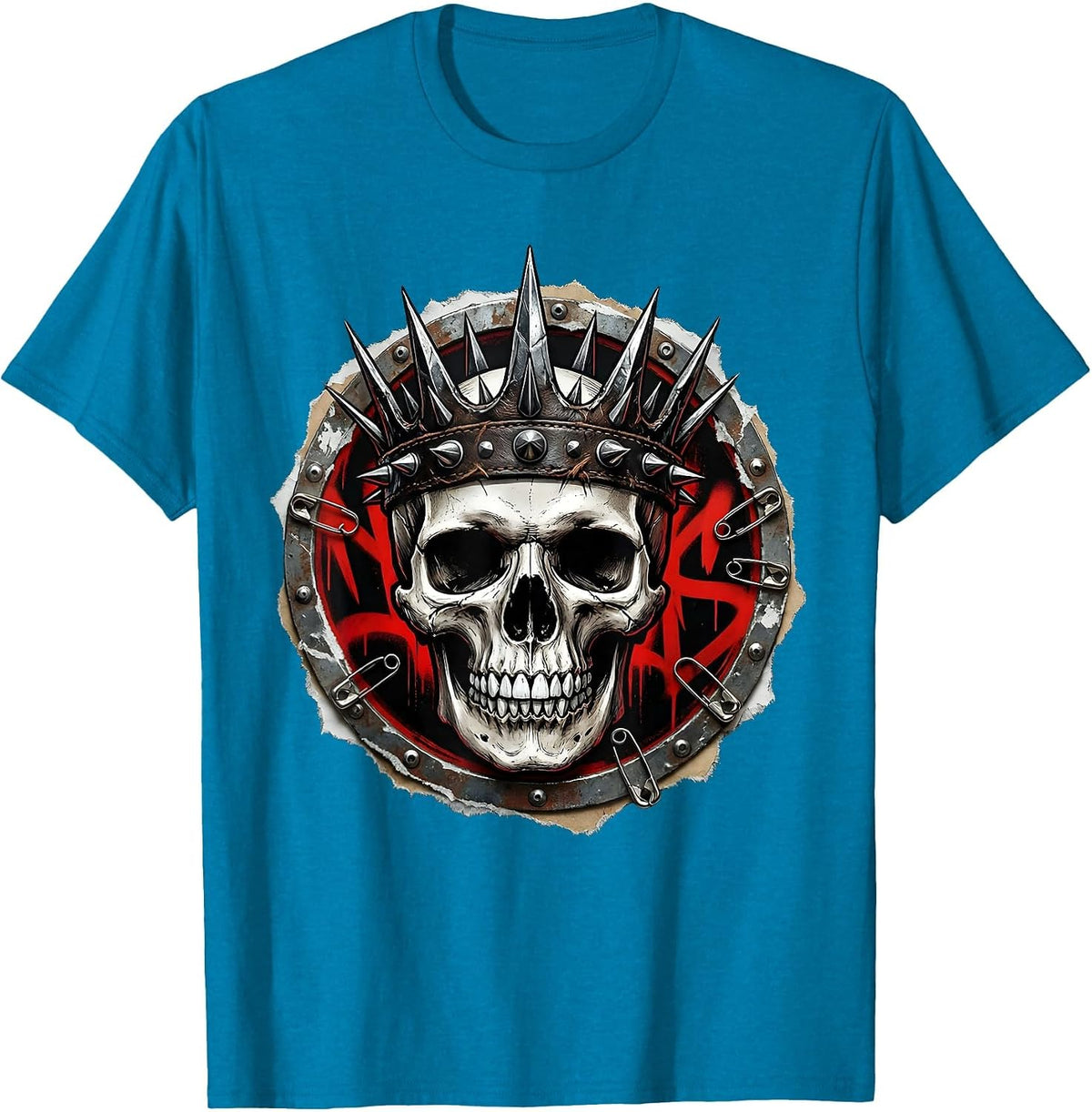 Skull Spiked Leather Crown Rock Graphic Tee T-Shirt - Sapphire Blue