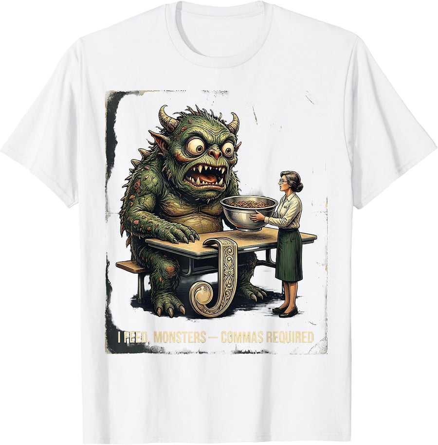 Men's I Feed Monsters Commas Required Vintage Grammar Teacher T-Shirt - White