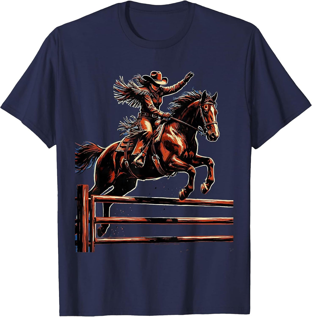 Cowgirl and Horse Leaping Fence Rodeo Graphic T-Shirt - Navy Blue