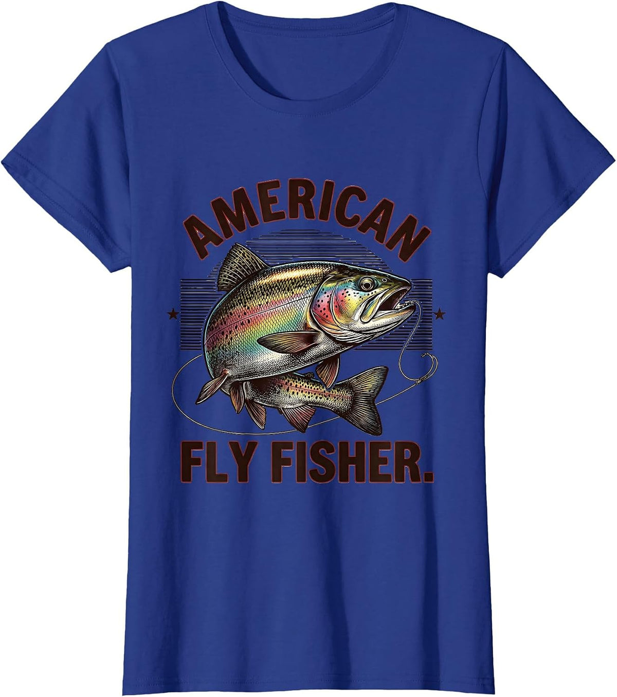 Women's American Fly Fisher Vintage Engraved Trout Patriotic Camo T-Shirt - Royal Blue