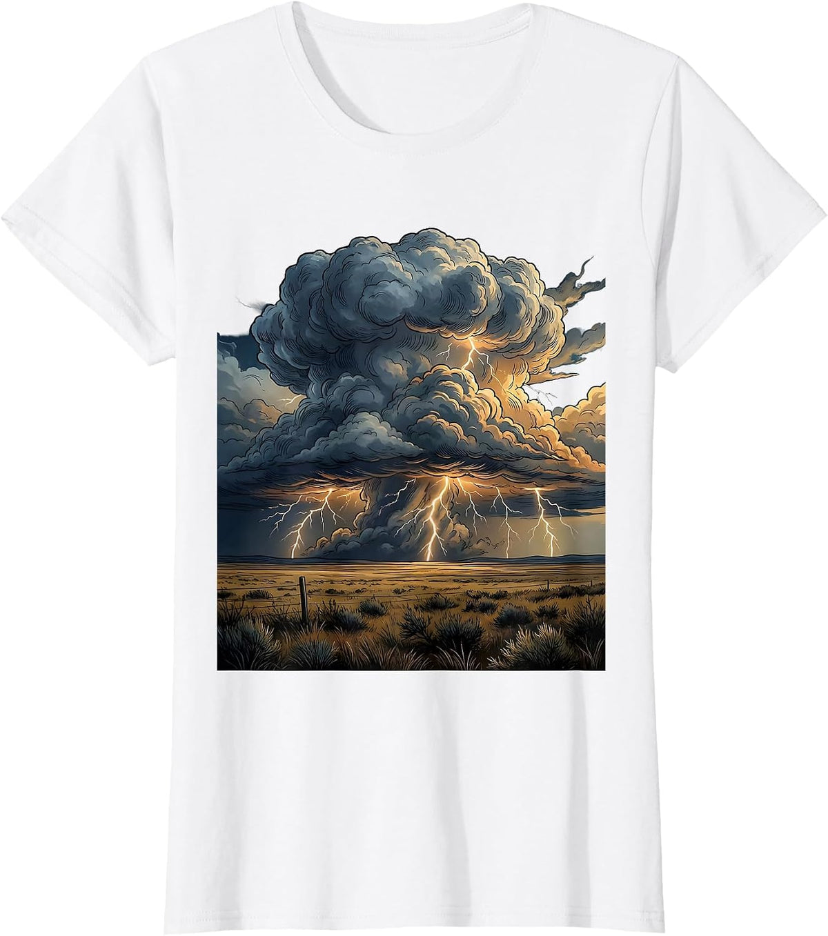 Lightning Storm Over Open Flatlands Graphic T-Shirt - White