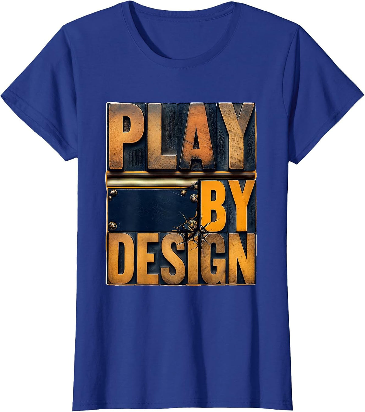 Women's Play By Design Wood Type Letterpress Preschool Teacher Back T-Shirt - Royal Blue