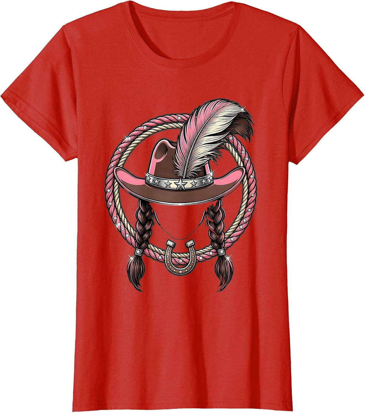 Braided Cowboy Feathered Hat Western Illustration T-Shirt - Red