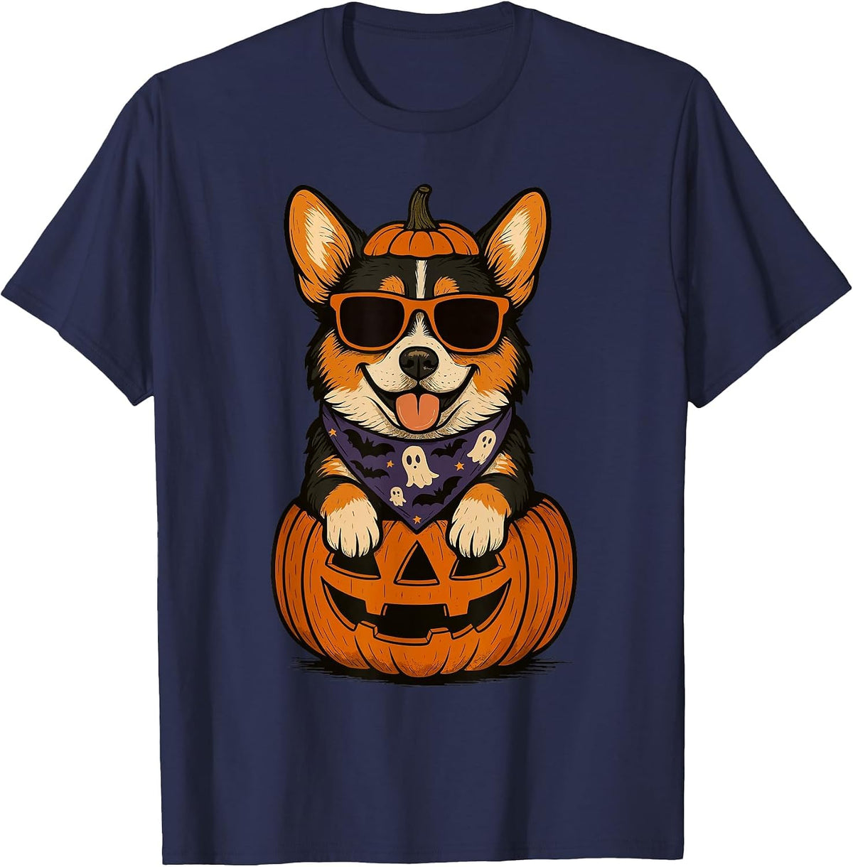 Spooky Tri Color Corgi Pumpkin Halloween Dog Lover T-Shirt - Navy Blue