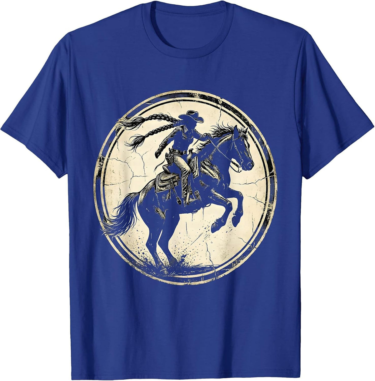 Denim Cowgirl Braids Bucking Bronco Rodeo Art T-Shirt - Royal Blue