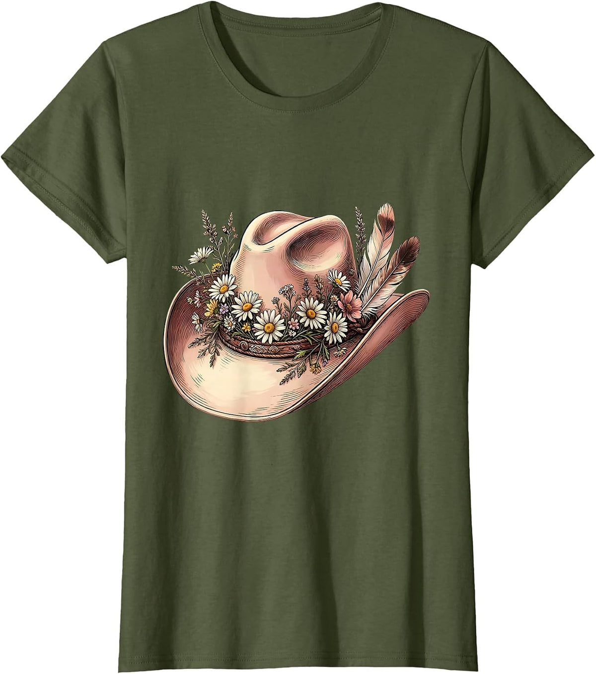 Women's Wildflower Cowgirl Hat Western Graphic Design T-Shirt - Olive Green